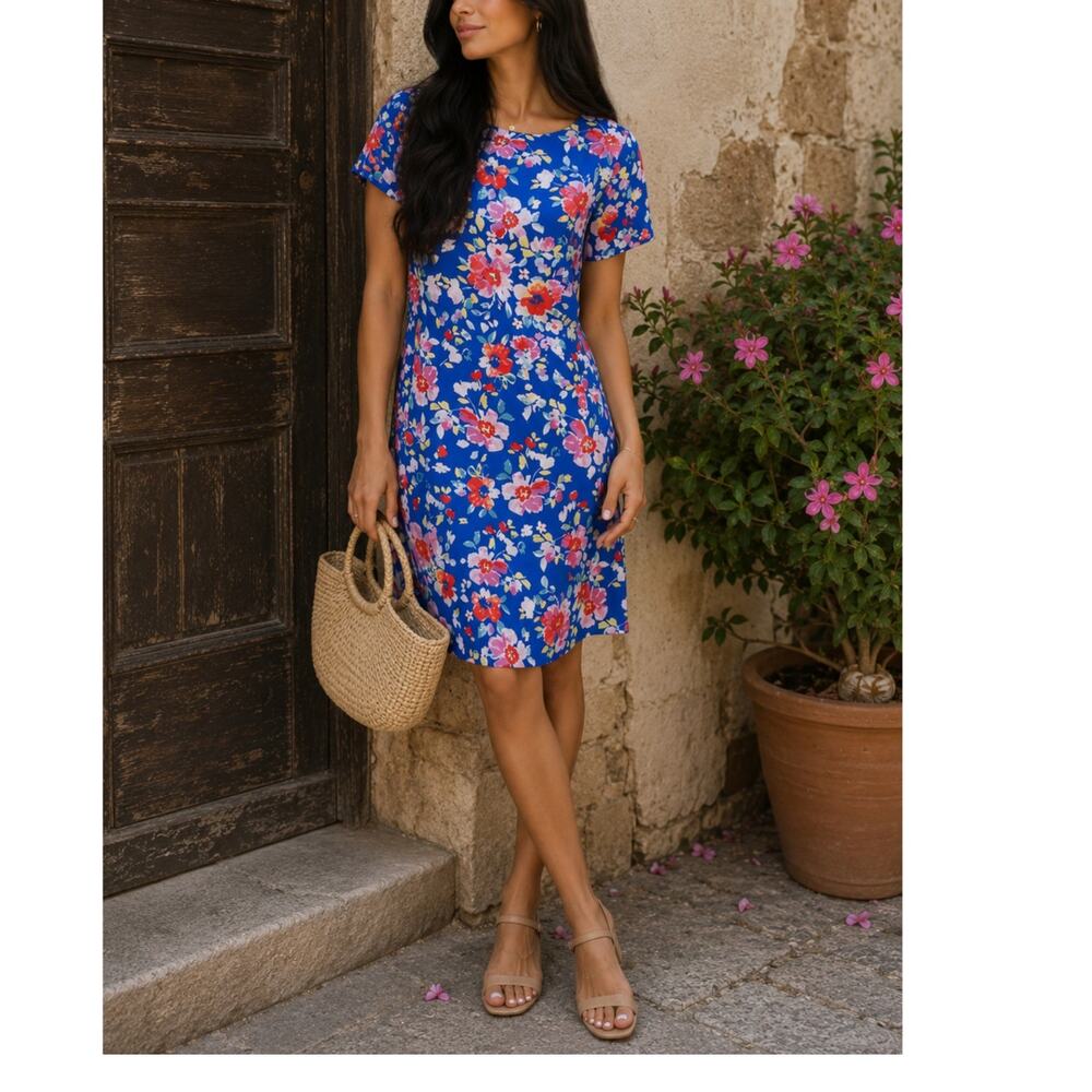 Yumi Kim Blue Love Potion Shift Dress floral zipper back blue red size large L